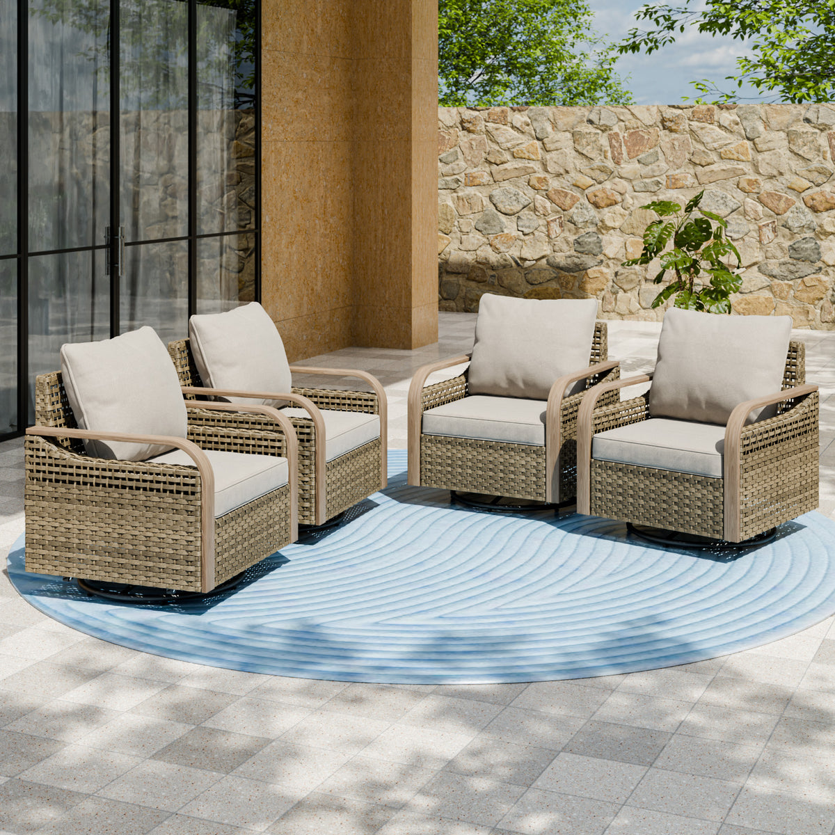 Modern Wicker Outdoor Glider Rocking Chair,4 Chairs, Brown/Gray