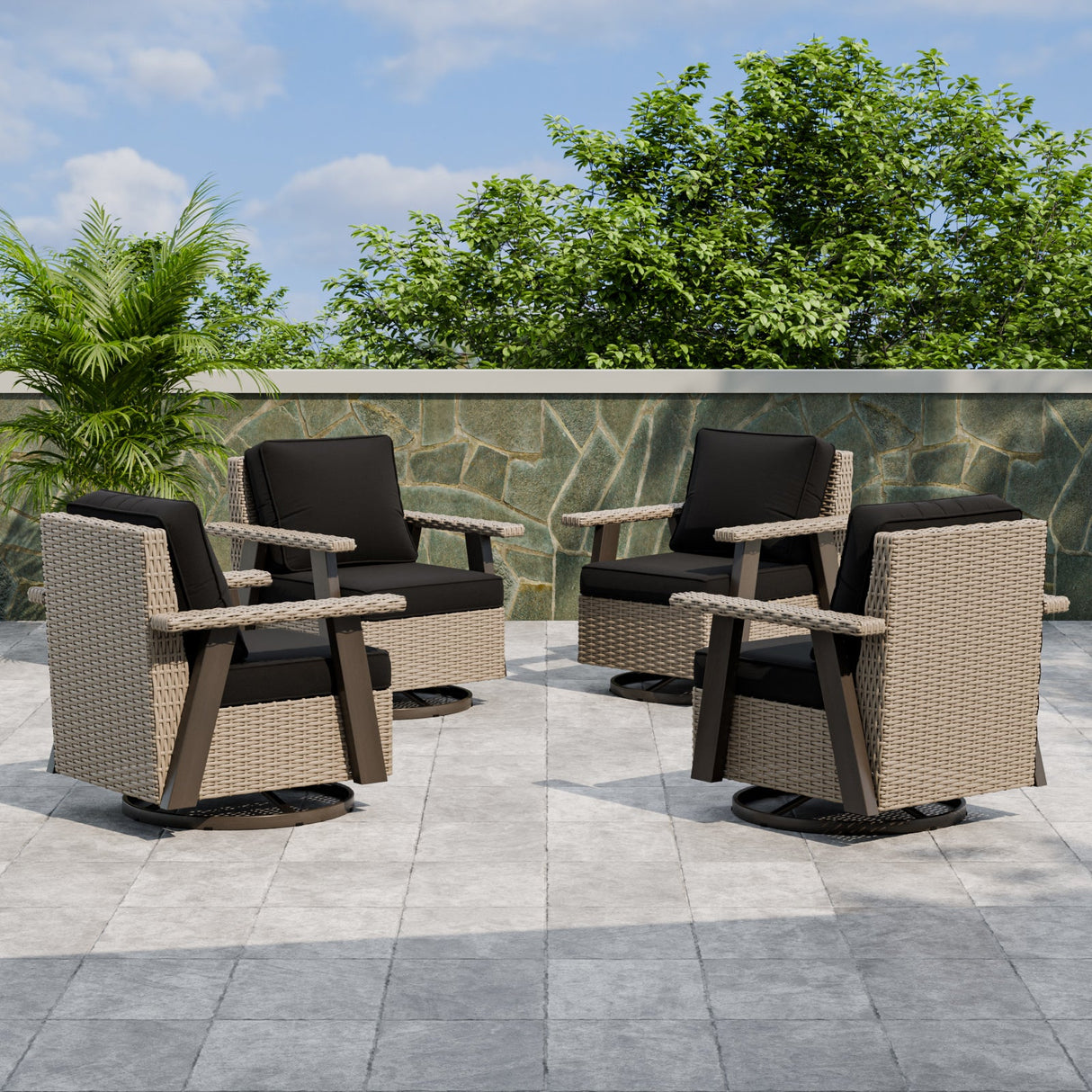 Classic Wicker 360° Swivel Glider Chair, Set of 4, Beige/Beige, Red, Dark Blue, Tan, Black - Eagle Peak Custom Canopy Tent