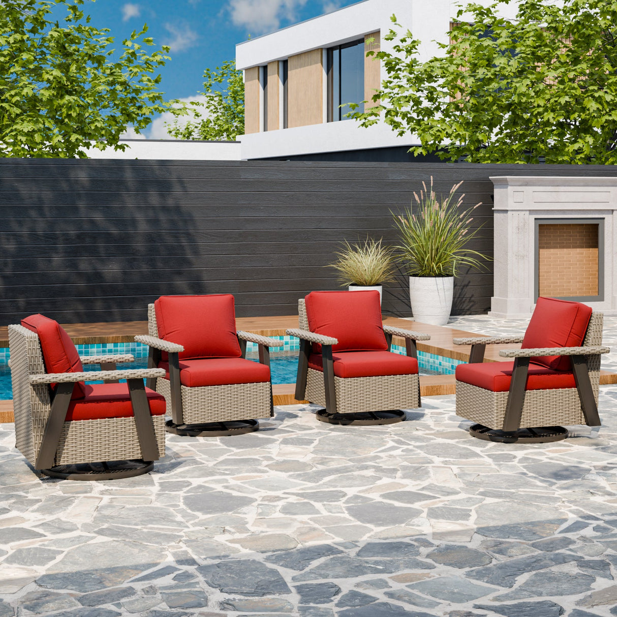 Classic Wicker 360° Swivel Glider Chair, Set of 4, Beige/Beige, Red, Dark Blue, Tan, Black - Eagle Peak Custom Canopy Tent