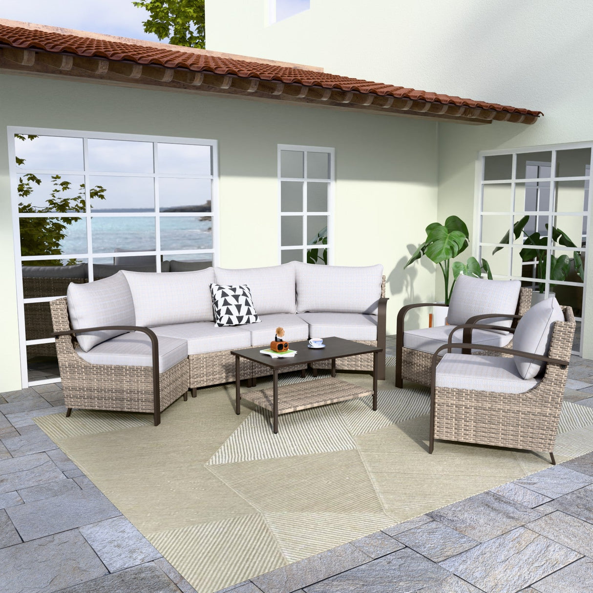 Coastal Vista Patio Furniture Set w/Curved Sectional Sofas, Coffee Table, Chairs - Eagle Peak Custom Canopy Tent