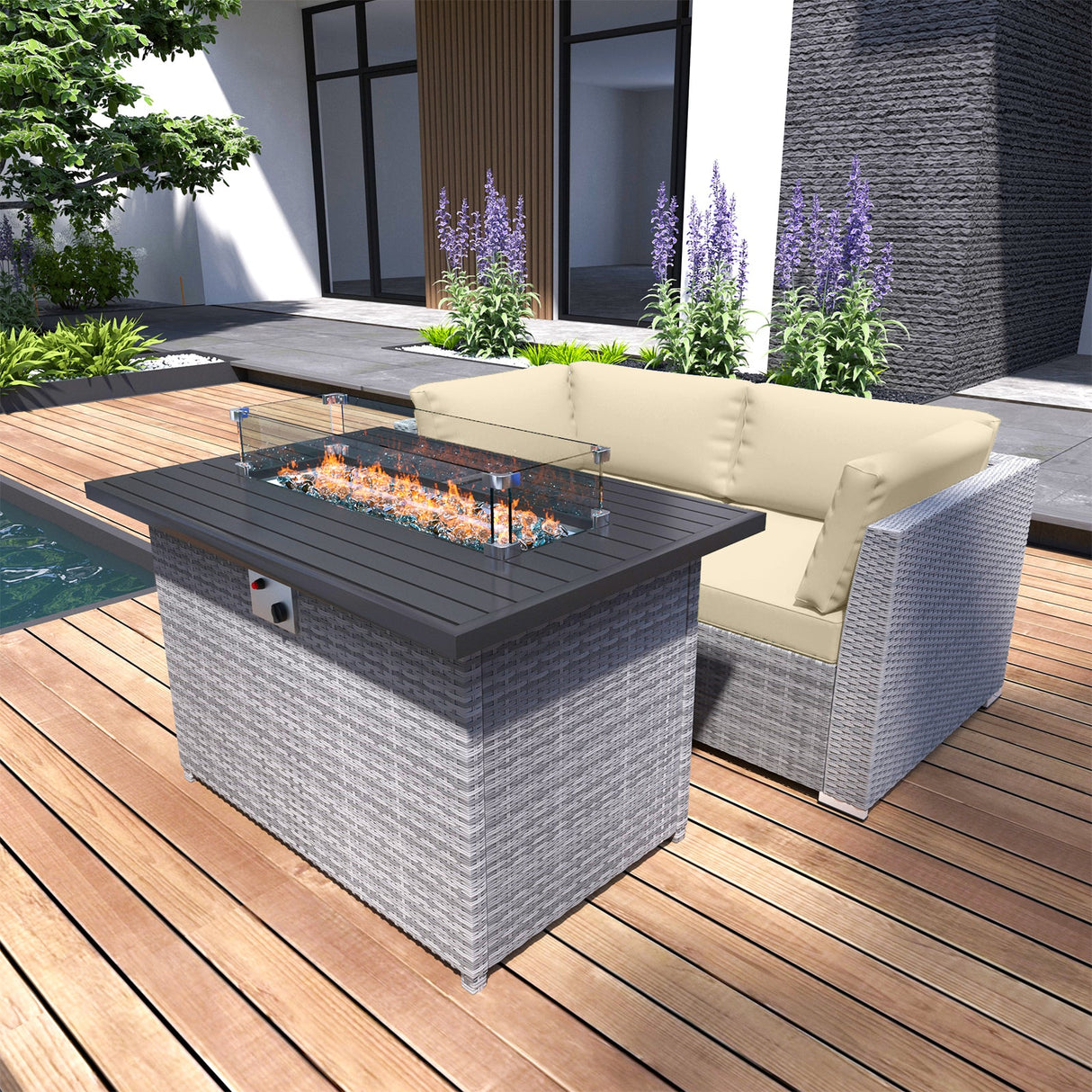 EAGLE PEAK 3 Piece Outdoor Wicker Loveseat, Outdoor Patio Sofa Corner Chairs with Removable Cushions and Fire Table, Sectional Wicker Sofa - Eagle Peak Canopy and Outdoor Products