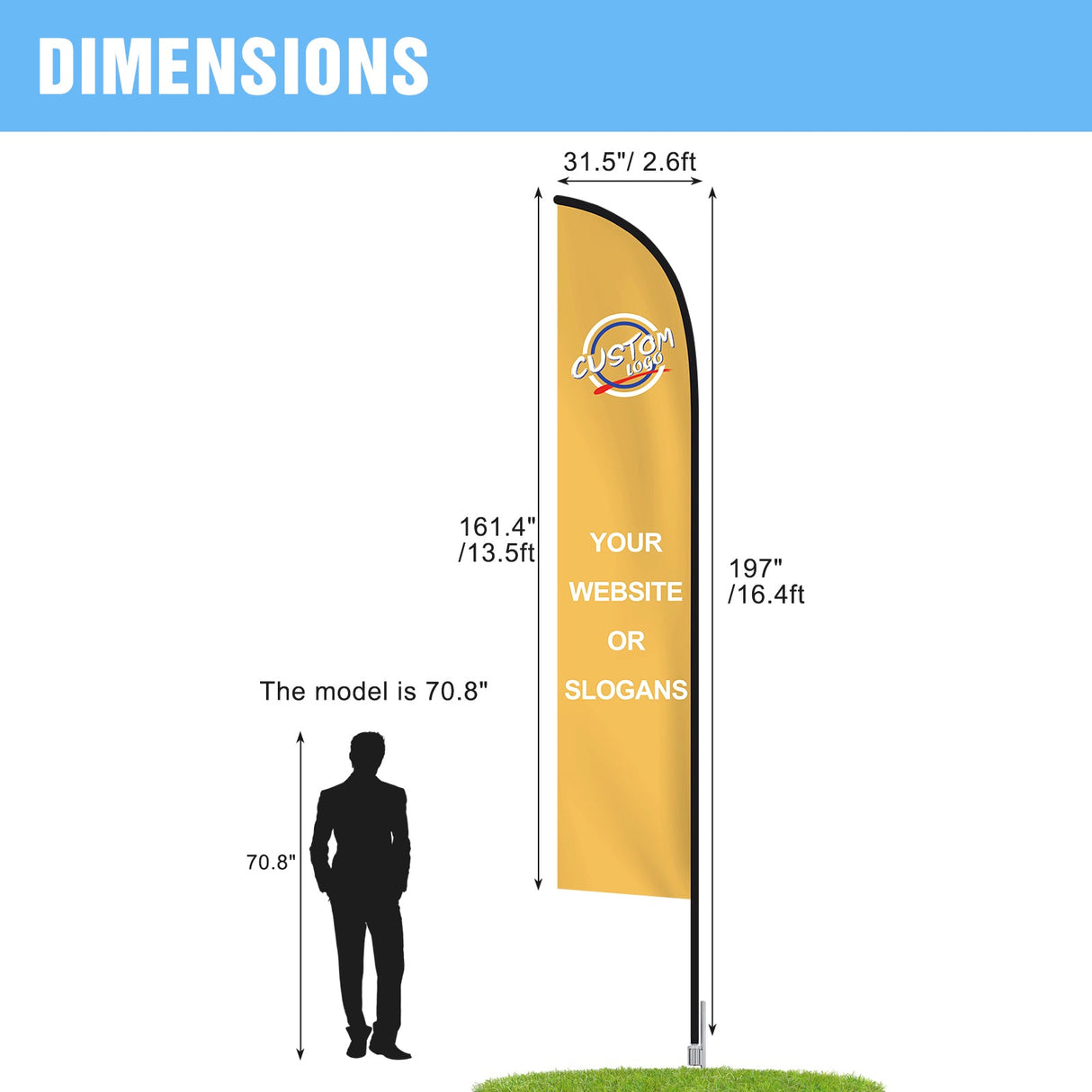 EAGLE PEAK Custom Printed Feather Flags with Your Logo, Single Sided Print, includes Ground Spike Base & Carry Bag, 31.5×161.4 in - Eagle Peak Custom Canopy Tent