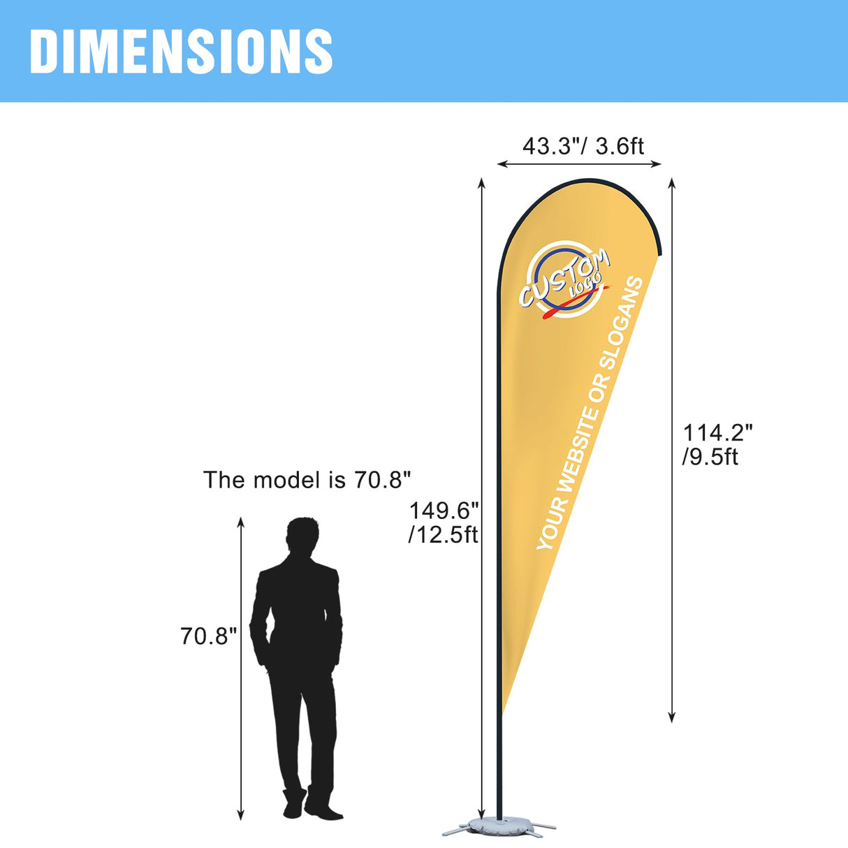 EAGLE PEAK Custom Printed Teardrop Flags with Your Logo, Single Sided Print, includes Folding Cross Base, Weight Bag & Carry Bag, 12.5x3.6 ft - Eagle Peak Custom Canopy Tent