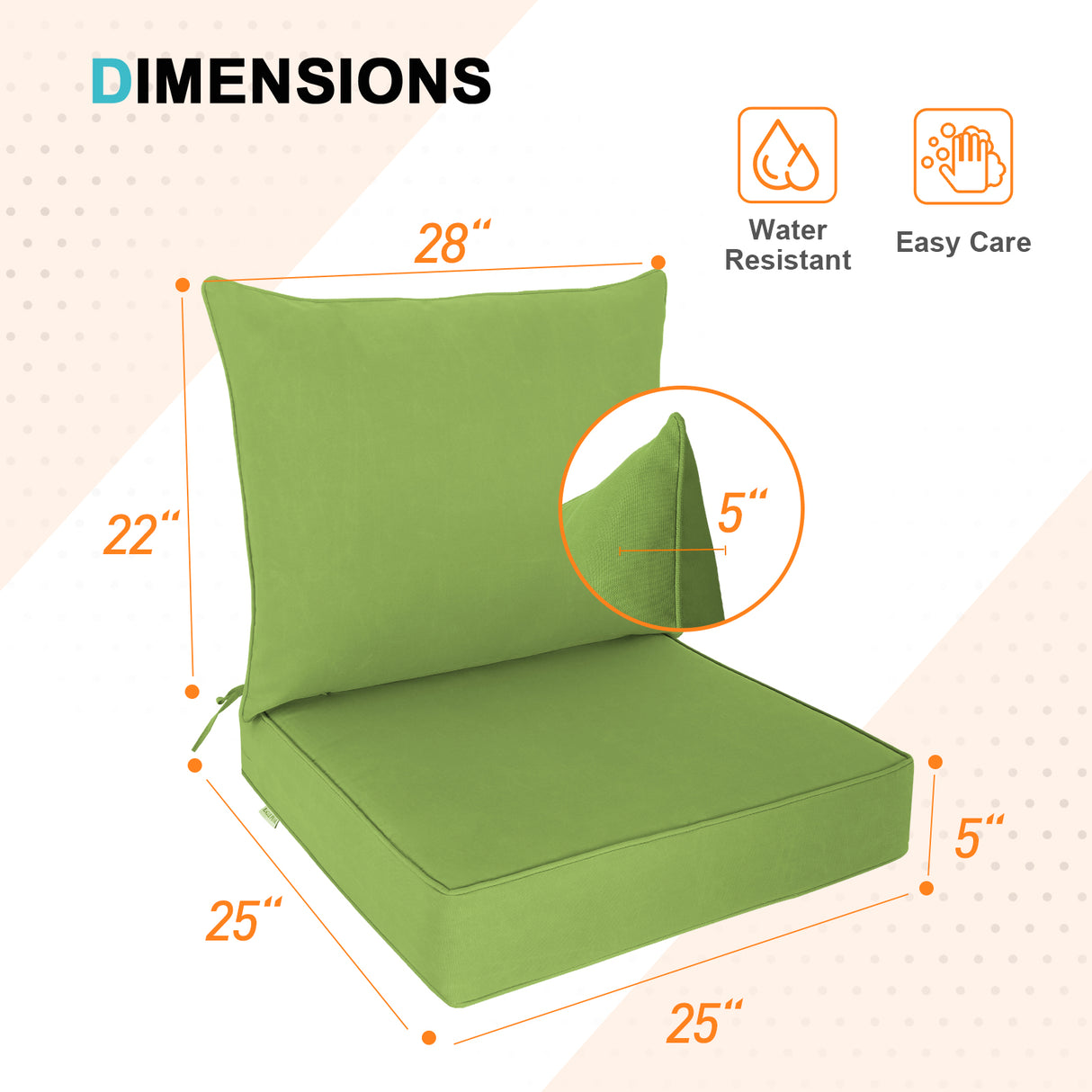 Outdoor Deep Seat Patio Seat Cushion Set, 25x25x5 inch, 2-Piece Back Chair Cushion