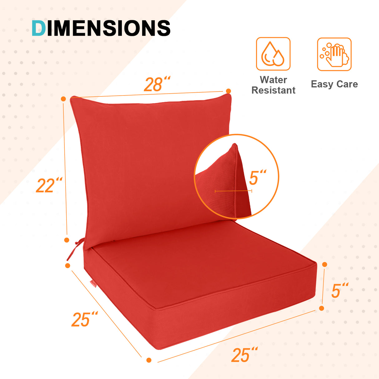 Outdoor Deep Seat Patio Seat Cushion Set, 25x25x5 inch, 2-Piece Back Chair Cushion