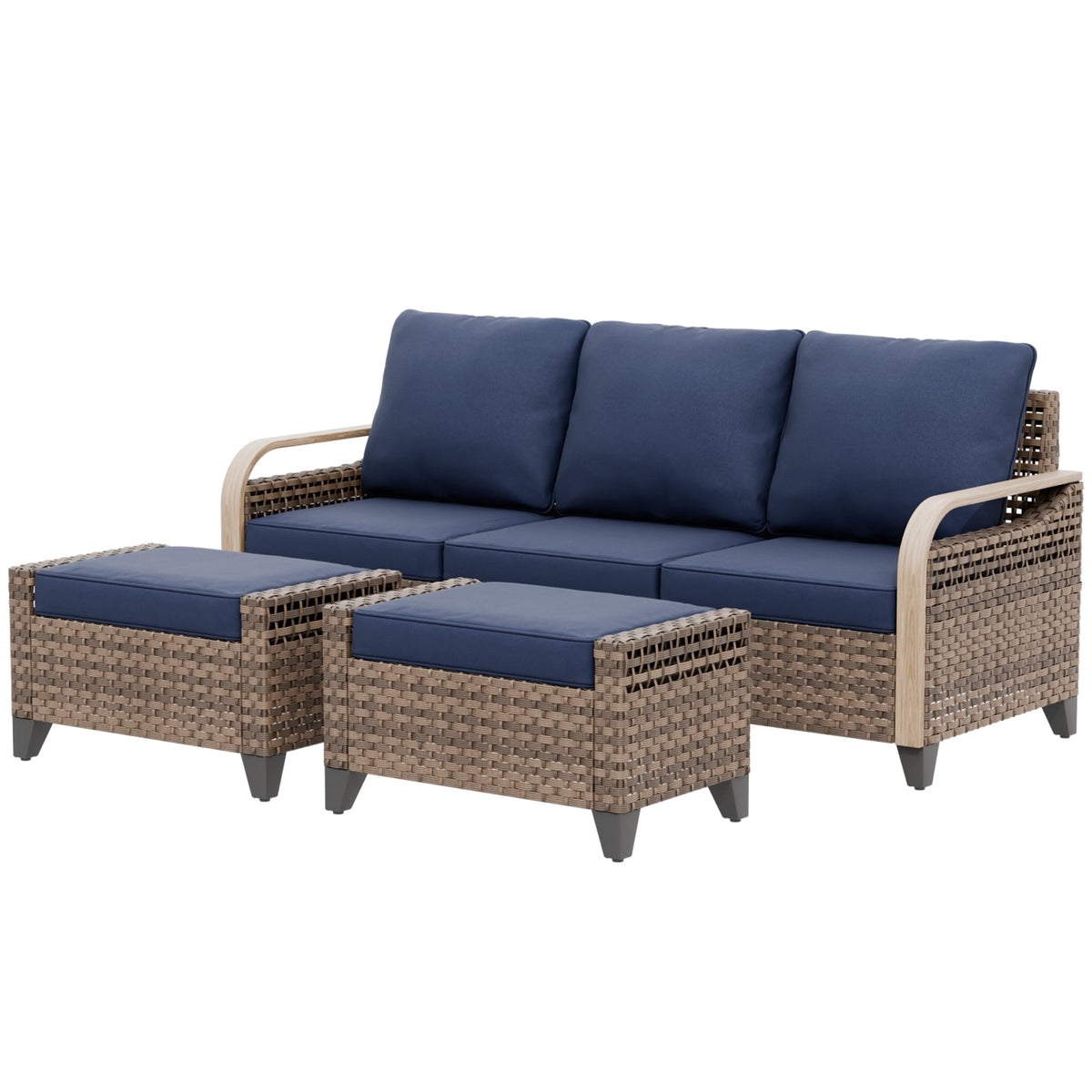 Modern Wicker 3 Piece Outdoor Patio Furniture Set, a 3-Seat Loveseat and 2 Ottomans - Eagle Peak®