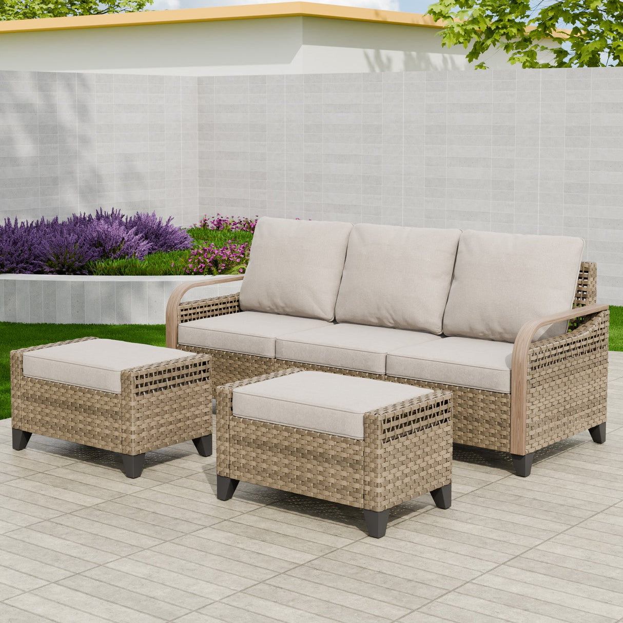 Modern Wicker 3 Piece Outdoor Patio Furniture Set, a 3 - Seat Loveseat and 2 Ottomans - Eagle Peak Custom Canopy Tent