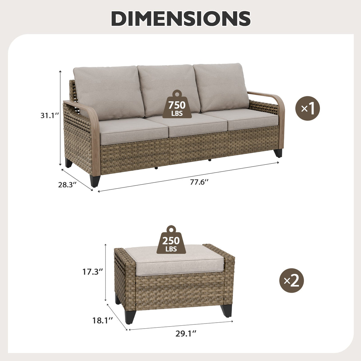 Modern Wicker 3 Piece Outdoor Patio Furniture Set, a 3 - Seat Loveseat and 2 Ottomans - Eagle Peak Custom Canopy Tent