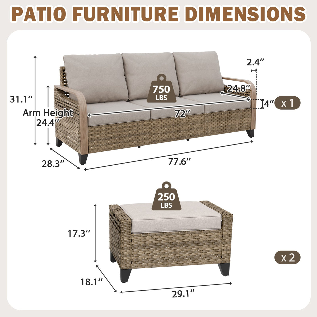 Modern Wicker 3 Piece Outdoor Patio Furniture Set, a 3-Seat Loveseat and 2 Ottomans - Eagle Peak®