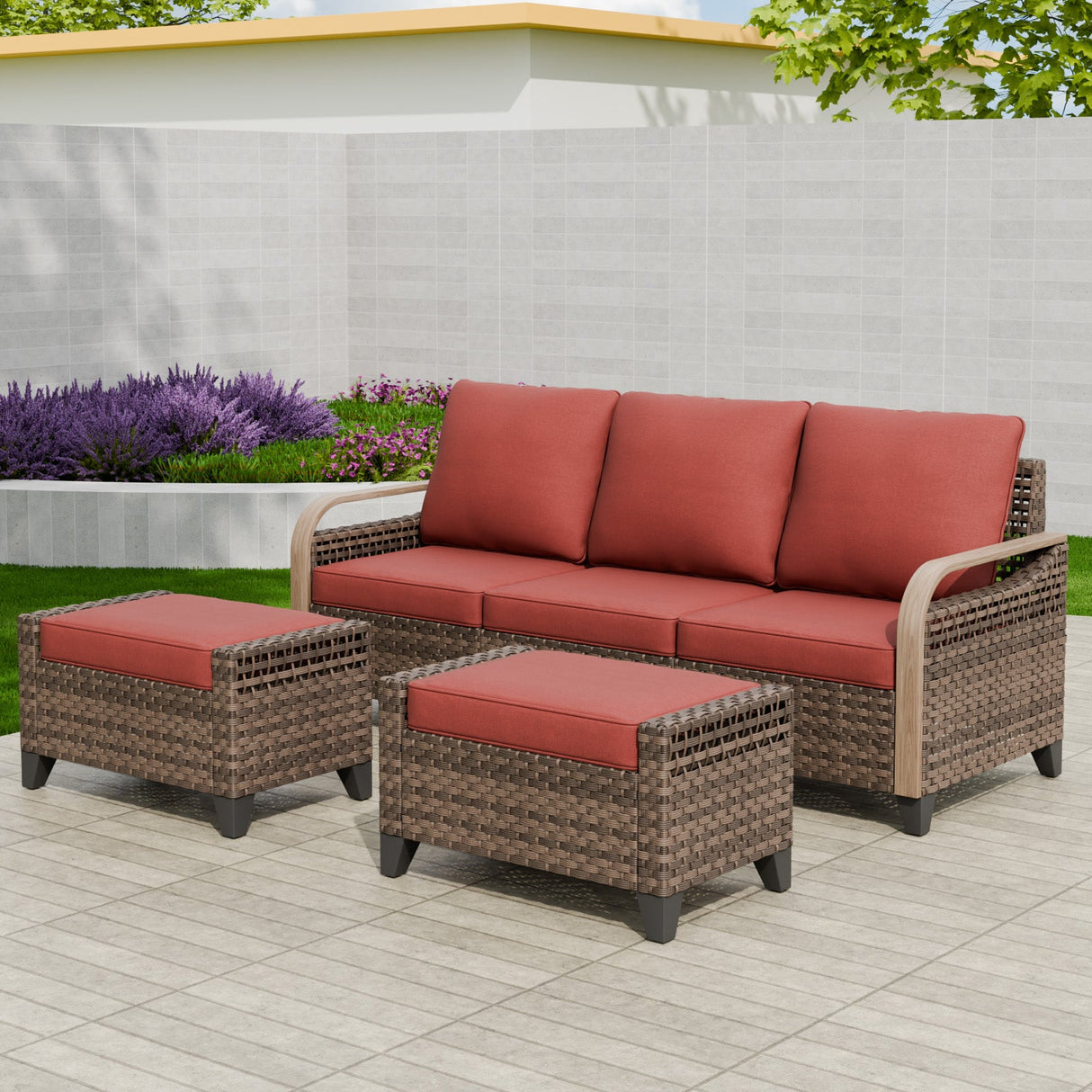 Modern Wicker 3 Piece Outdoor Patio Furniture Set, a 3 - Seat Loveseat and 2 Ottomans - Eagle Peak Custom Canopy Tent