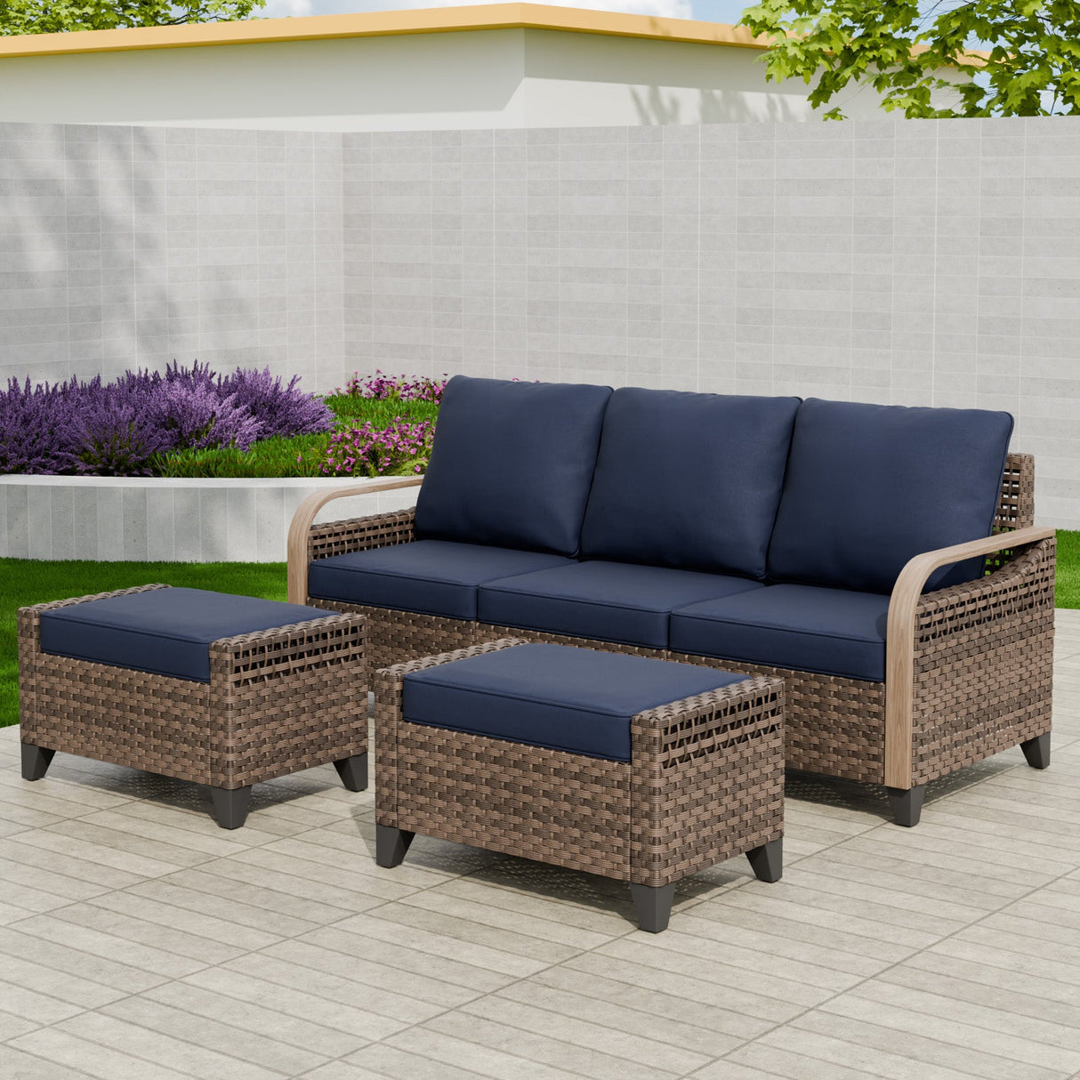 Modern Wicker 3 Piece Outdoor Patio Furniture Set, a 3 - Seat Loveseat and 2 Ottomans - Eagle Peak Custom Canopy Tent