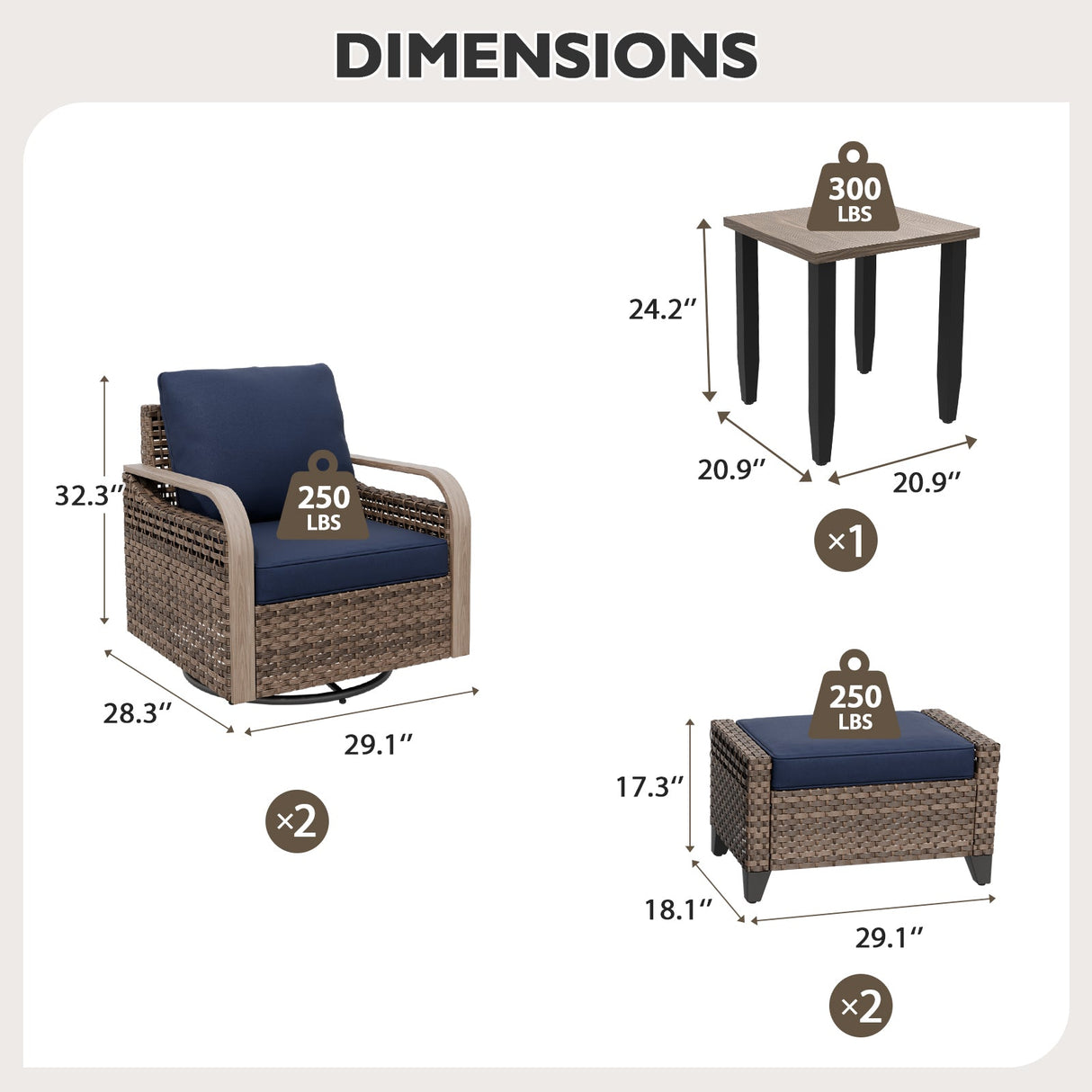 Modern Wicker 5 Piece Furniture Set w/ Swivel Rocking Chairs, Brown/Gray - Eagle Peak Custom Canopy Tent