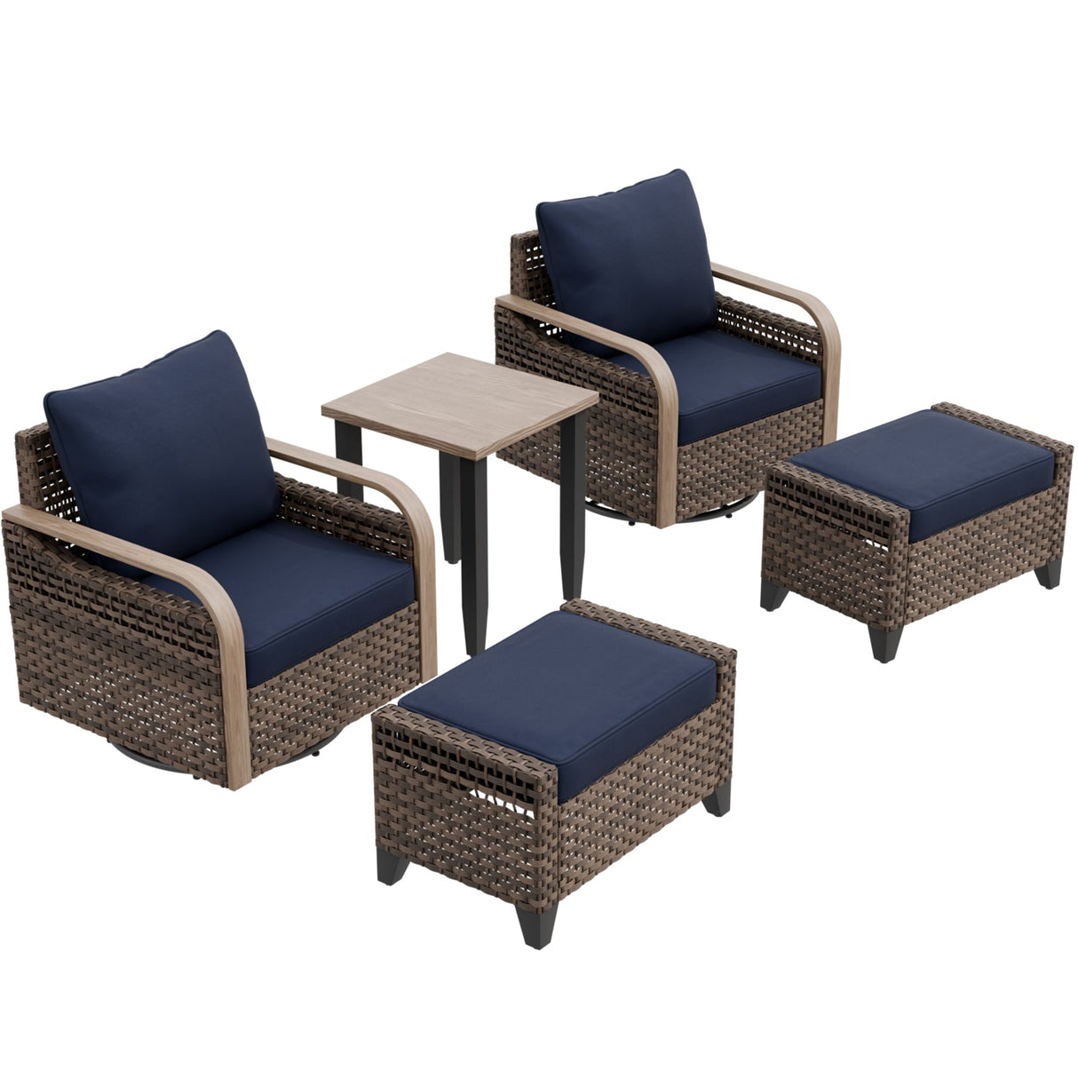 Modern Wicker 5 Piece Furniture Set w/ Swivel Rocking Chairs, Brown/Gray - Eagle Peak Custom Canopy Tent