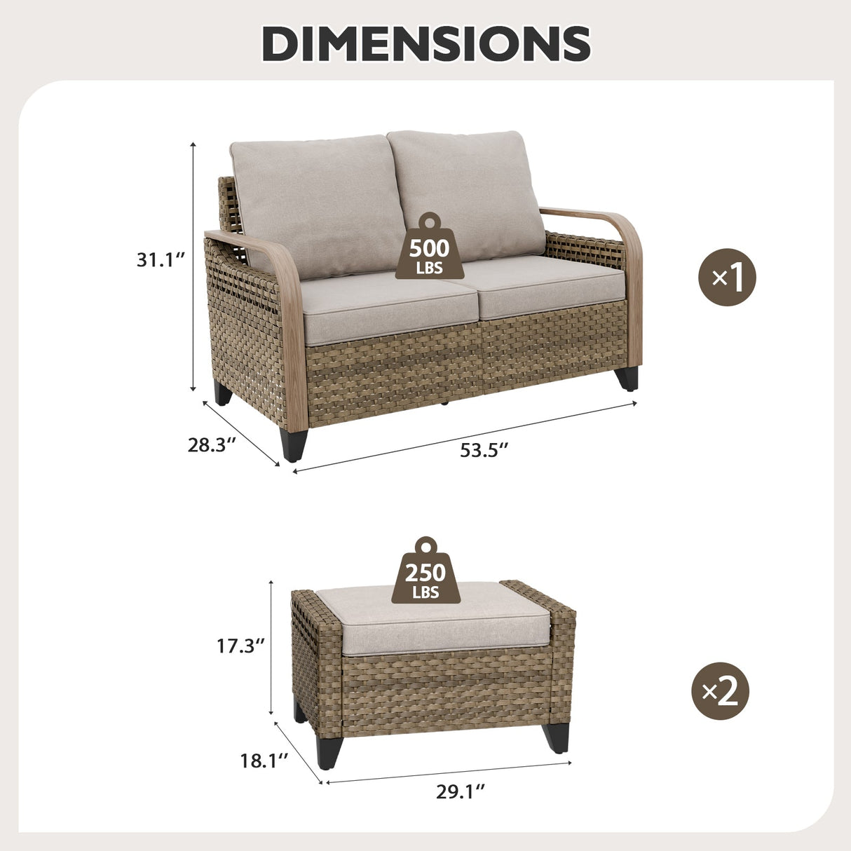 Modern Wicker Outdoor 3 Pieces Patio Furniture Set, 2 - Seat Loveseat and 2 Ottoman - Eagle Peak Custom Canopy Tent