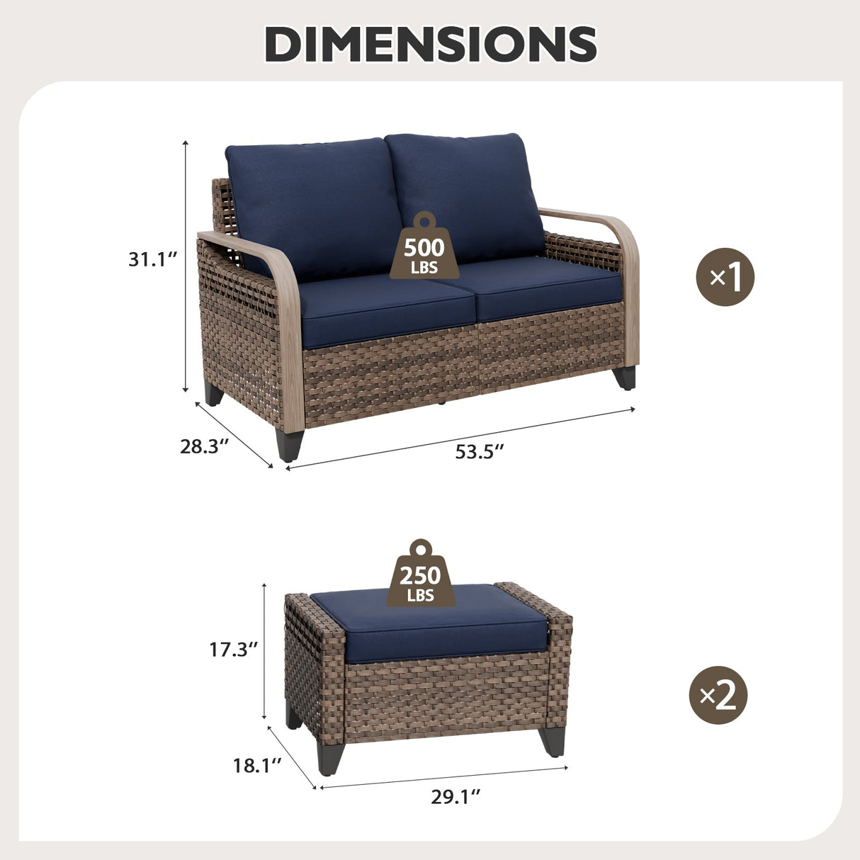 Modern Wicker Outdoor 3 Pieces Patio Furniture Set, 2 - Seat Loveseat and 2 Ottoman - Eagle Peak Custom Canopy Tent