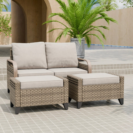 Modern Wicker Outdoor 3 Pieces Patio Furniture Set, 2 - Seat Loveseat and 2 Ottoman - Eagle Peak Custom Canopy Tent