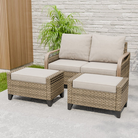 Modern Wicker Outdoor 3 Pieces Patio Furniture Set, 2 - Seat Loveseat and 2 Ottoman - Eagle Peak Custom Canopy Tent
