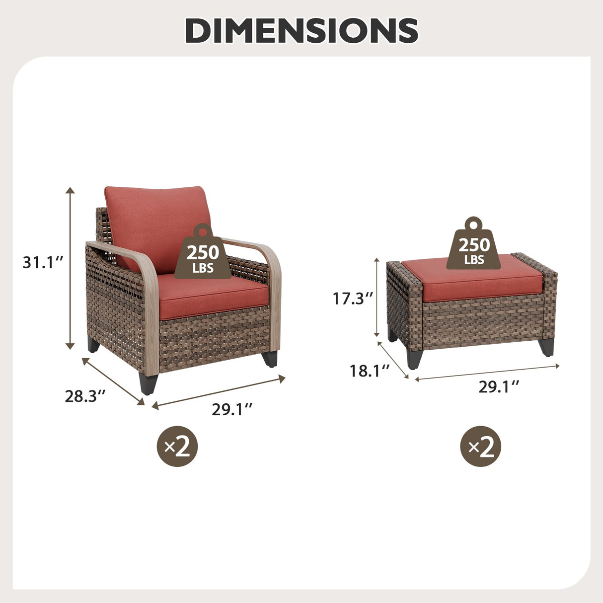 Modern Wicker Outdoor Chair,2 Chairs 2 Ottomans, 4 Pieces, Brown/Gray - Eagle Peak Custom Canopy Tent