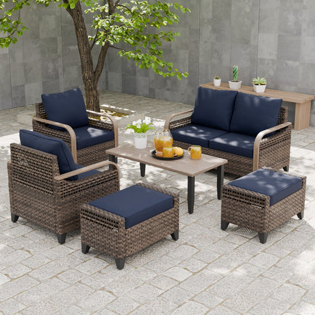 Modern Wicker Outdoor Furniture Set, 2 Patio Chairs, 2 - Seat Loveseat, 2 Ottomans and Coffee Table, 6 Pieces, Brown/Gray - Eagle Peak Custom Canopy Tent