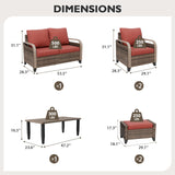 Modern Wicker Outdoor Furniture Set, 2 Patio Chairs, 2 - Seat Loveseat, 2 Ottomans and Coffee Table, 6 Pieces, Brown/Gray - Eagle Peak Custom Canopy Tent