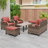 Modern Wicker Outdoor Furniture Set, 2 Patio Chairs, 2 - Seat Loveseat, 2 Ottomans and Coffee Table, 6 Pieces, Brown/Gray - Eagle Peak Custom Canopy Tent