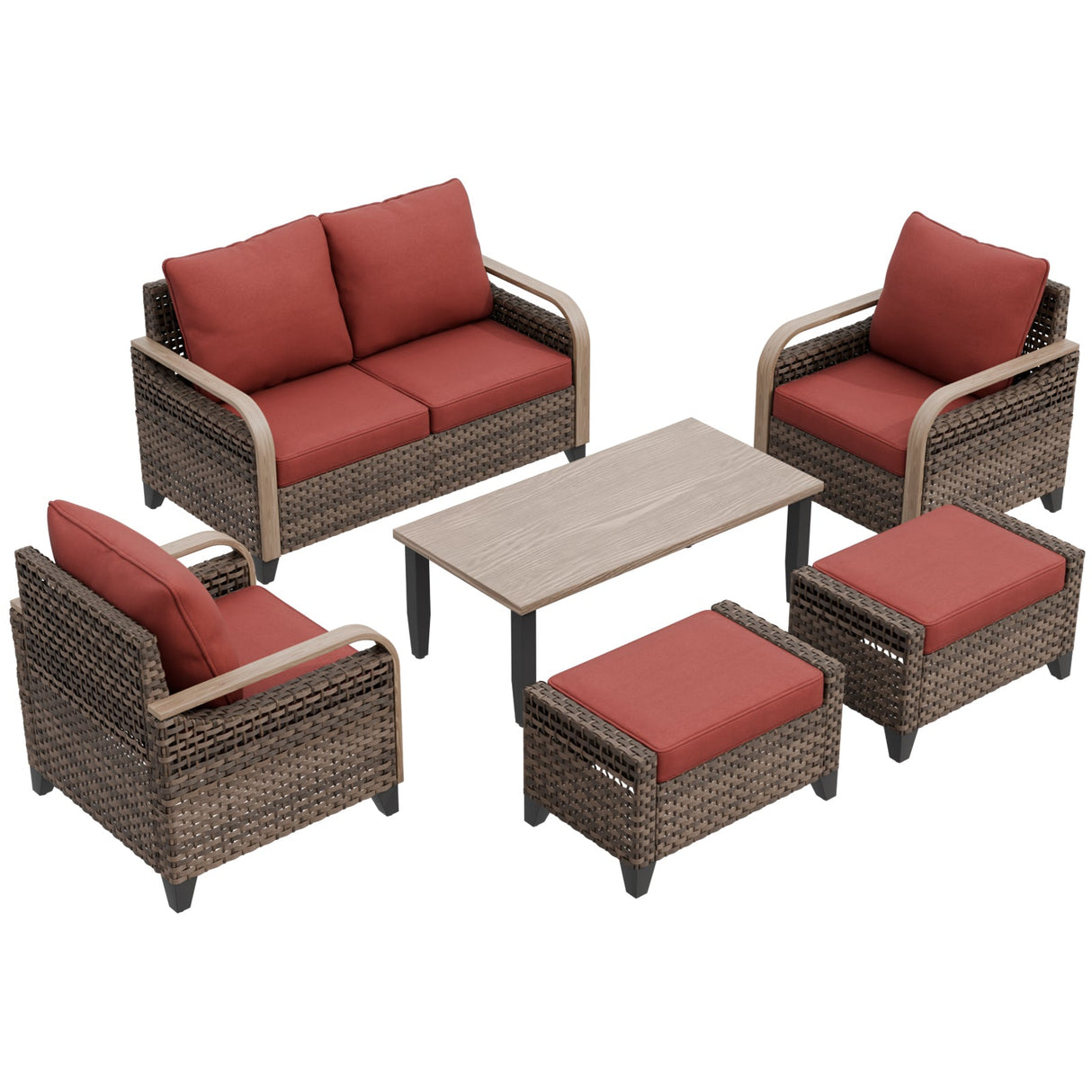 Modern Wicker Outdoor Furniture Set, 2 Patio Chairs, 2 - Seat Loveseat, 2 Ottomans and Coffee Table, 6 Pieces, Brown/Gray - Eagle Peak Custom Canopy Tent