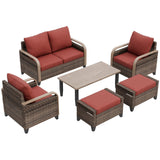 Modern Wicker Outdoor Furniture Set, 2 Patio Chairs, 2 - Seat Loveseat, 2 Ottomans and Coffee Table, 6 Pieces, Brown/Gray - Eagle Peak Custom Canopy Tent