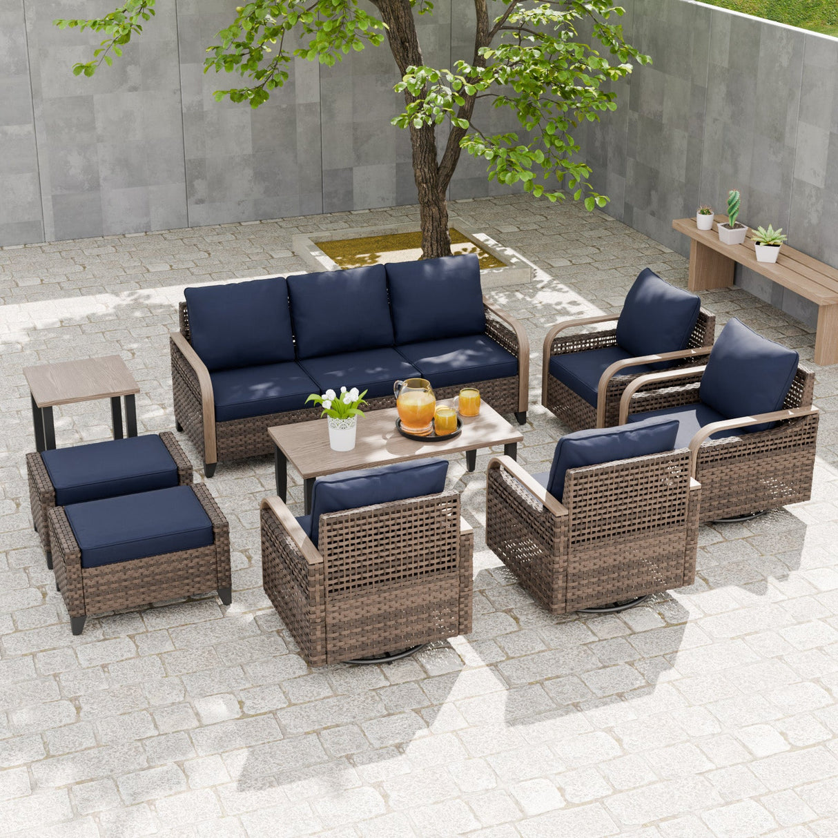 Modern Wicker Outdoor Furniture Set,4 Swivel Rocker Chairs, 3 - Seat Loveseat, 2 Ottomans, Coffee Table and Side Table, 9 Pieces, Brown/Gray - Eagle Peak Custom Canopy Tent