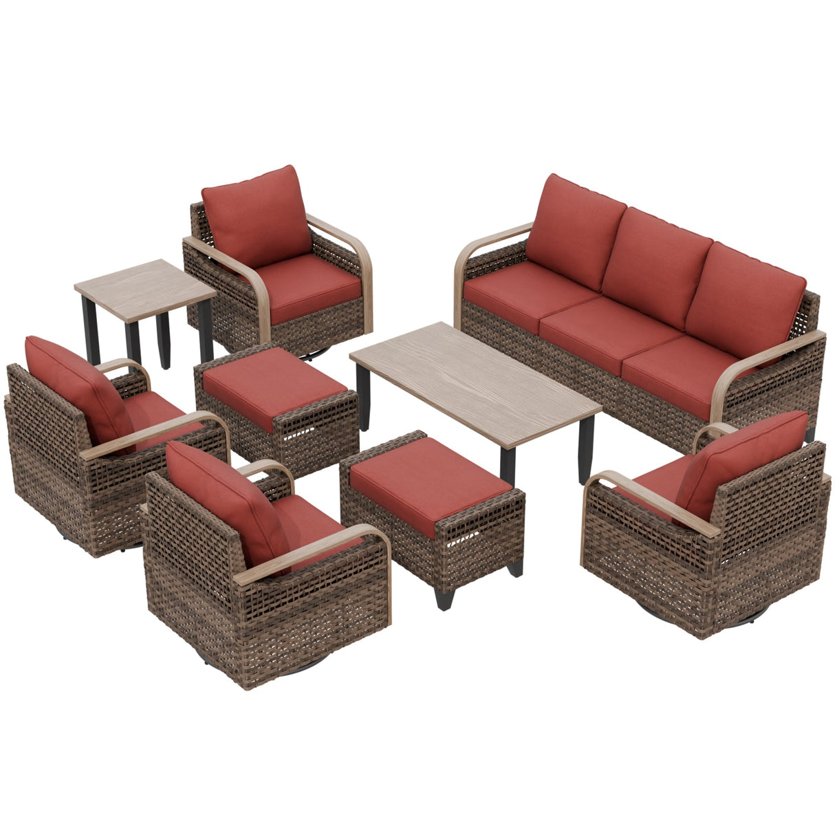Modern Wicker Outdoor Furniture Set,4 Swivel Rocker Chairs, 3 - Seat Loveseat, 2 Ottomans, Coffee Table and Side Table, 9 Pieces, Brown/Gray - Eagle Peak Custom Canopy Tent