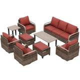 Modern Wicker Outdoor Furniture Set,4 Swivel Rocker Chairs, 3 - Seat Loveseat, 2 Ottomans, Coffee Table and Side Table, 9 Pieces, Brown/Gray - Eagle Peak Custom Canopy Tent