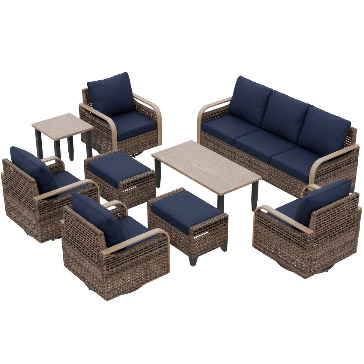 Modern Wicker Outdoor Furniture Set,4 Swivel Rocker Chairs, 3 - Seat Loveseat, 2 Ottomans, Coffee Table and Side Table, 9 Pieces, Brown/Gray - Eagle Peak Custom Canopy Tent