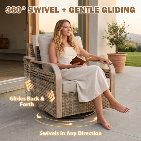 Modern Wicker Outdoor Furniture Set,4 Swivel Rocker Chairs, 3-Seat Loveseat, 2 Ottomans, Coffee Table and Side Table, 9 Pieces, Brown/Gray - Eagle Peak®