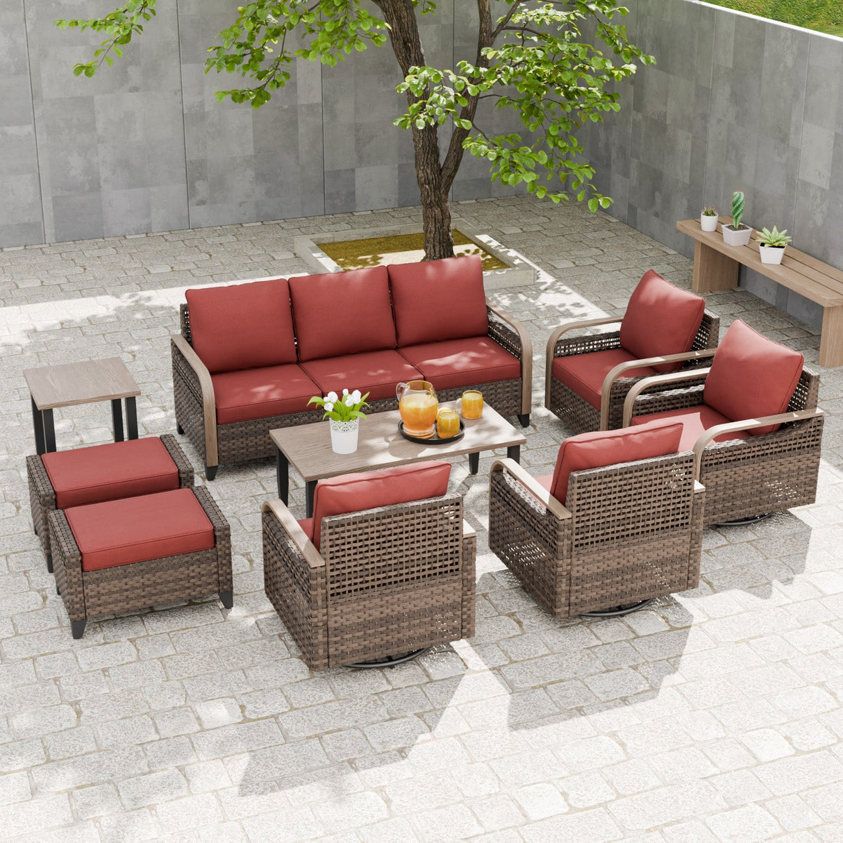 Modern Wicker Outdoor Furniture Set,4 Swivel Rocker Chairs, 3 - Seat Loveseat, 2 Ottomans, Coffee Table and Side Table, 9 Pieces, Brown/Gray - Eagle Peak Custom Canopy Tent