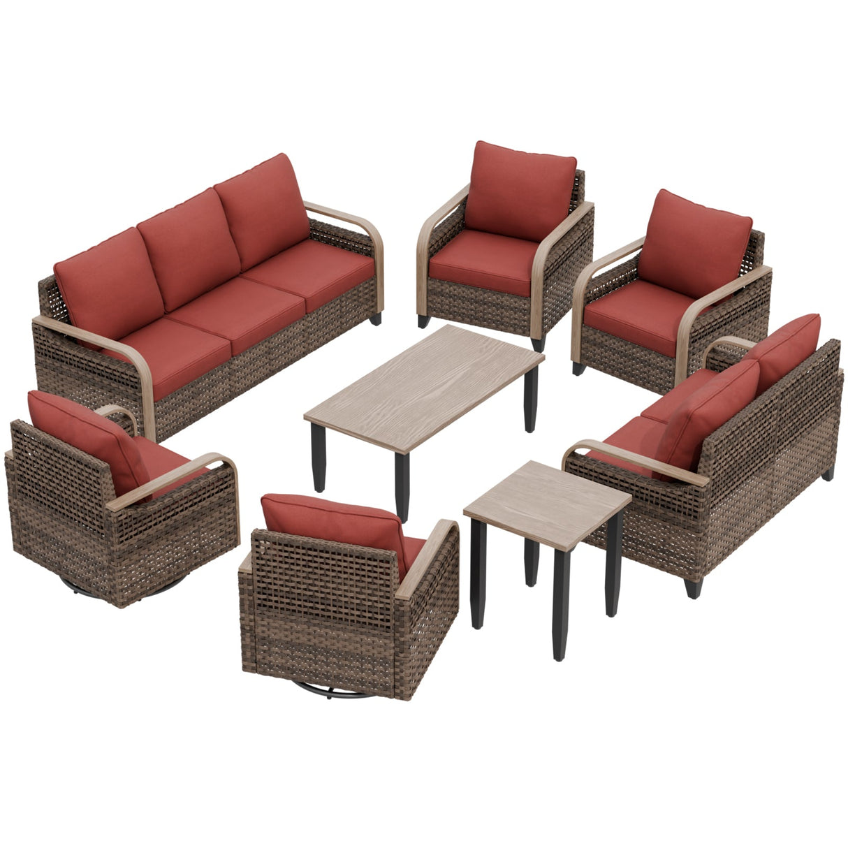 Modern Wicker Outdoor Patio Furniture Set, 2 Patio Chairs, 2 Swivel Rocker Chairs, 3 - Seat Sofa, Loveseat, Coffee Table and Side Table, 8 Pieces, Brown/Gray - Eagle Peak Custom Canopy Tent
