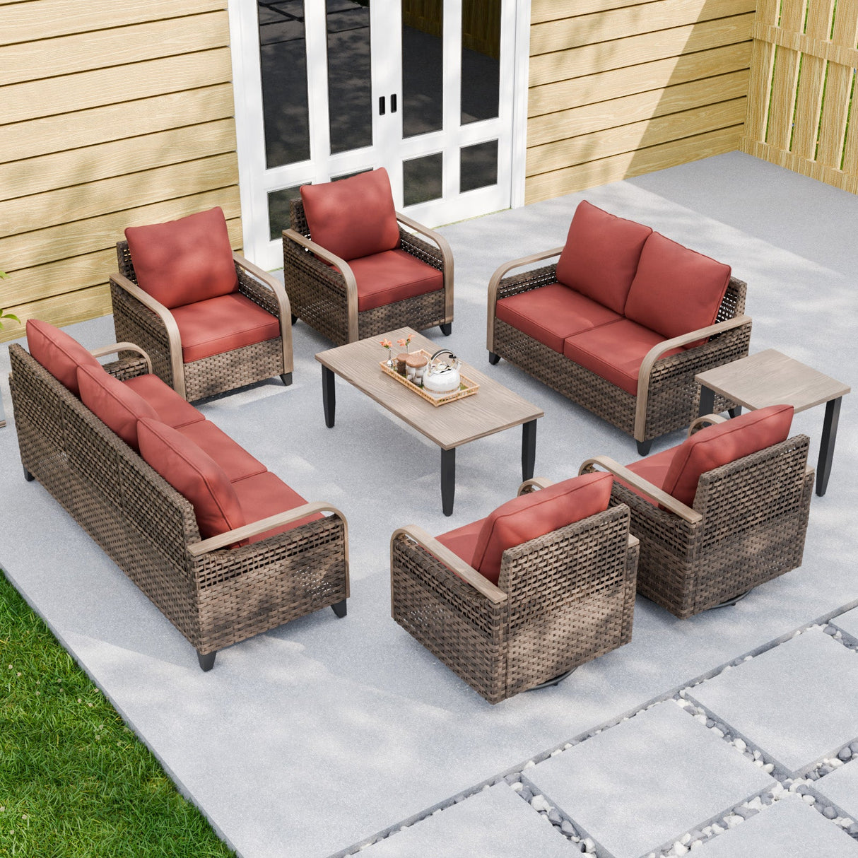 Modern Wicker Outdoor Patio Furniture Set, 2 Patio Chairs, 2 Swivel Rocker Chairs, 3 - Seat Sofa, Loveseat, Coffee Table and Side Table, 8 Pieces, Brown/Gray - Eagle Peak Custom Canopy Tent