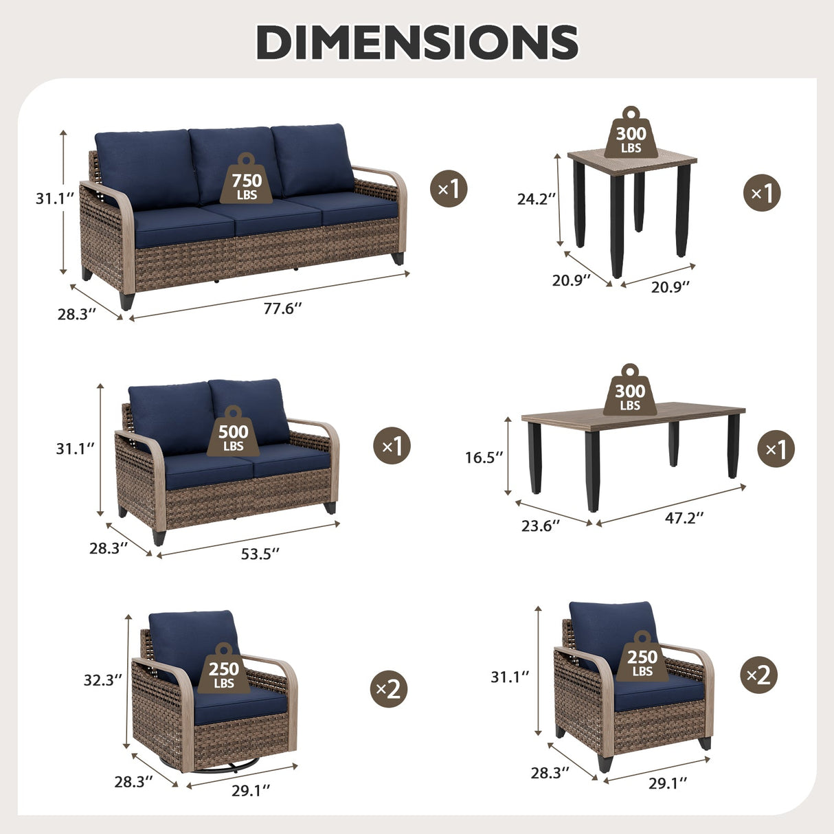 Modern Wicker Outdoor Patio Furniture Set, 2 Patio Chairs, 2 Swivel Rocker Chairs, 3 - Seat Sofa, Loveseat, Coffee Table and Side Table, 8 Pieces, Brown/Gray - Eagle Peak Custom Canopy Tent