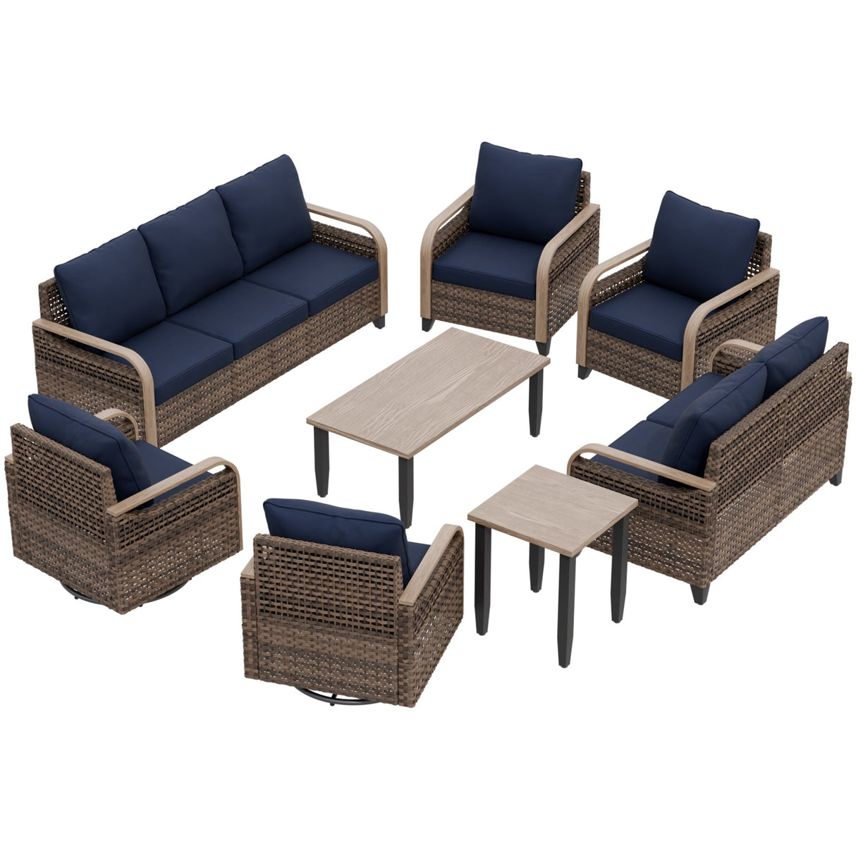 Modern Wicker Outdoor Patio Furniture Set, 2 Patio Chairs, 2 Swivel Rocker Chairs, 3 - Seat Sofa, Loveseat, Coffee Table and Side Table, 8 Pieces, Brown/Gray - Eagle Peak Custom Canopy Tent