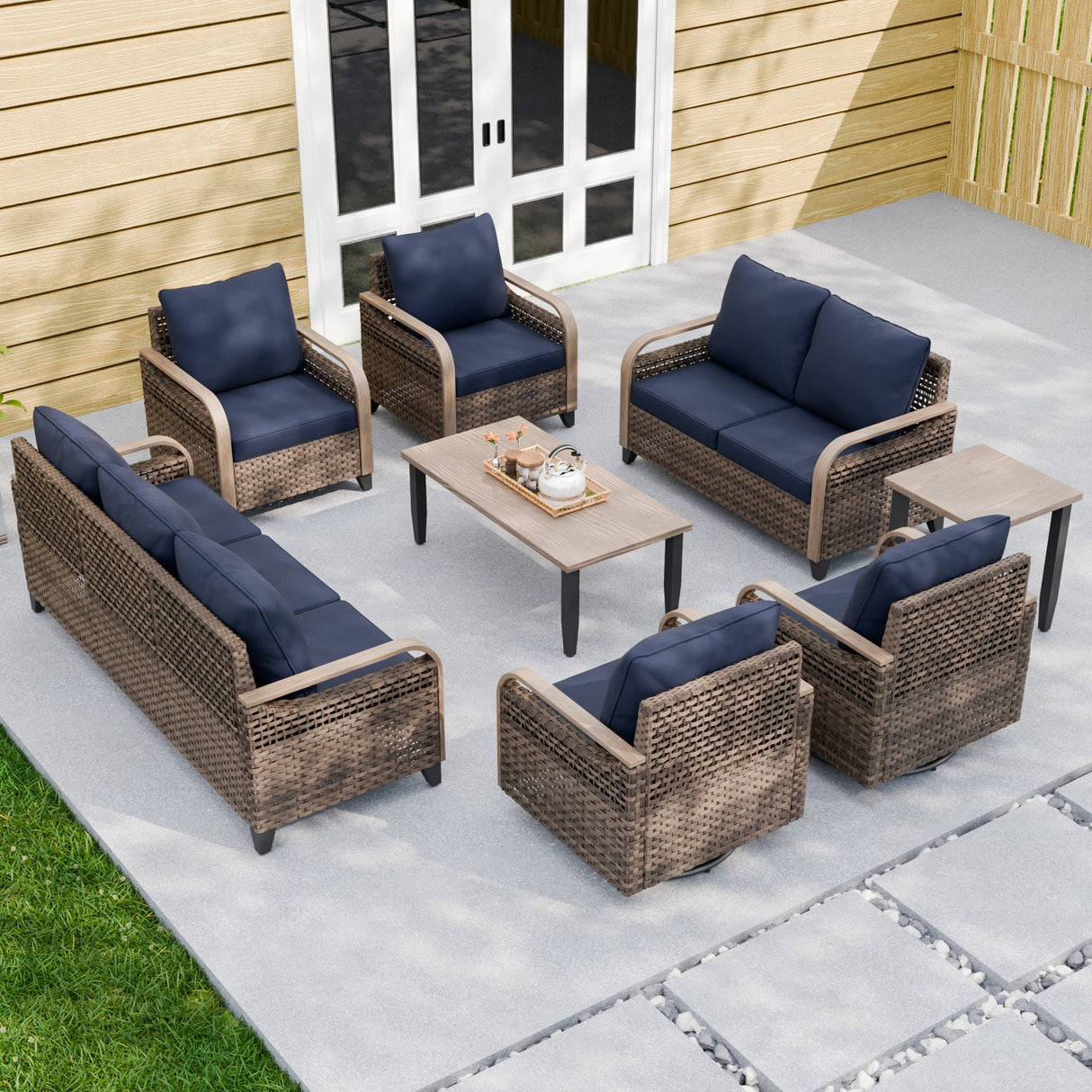 Modern Wicker Outdoor Patio Furniture Set, 2 Patio Chairs, 2 Swivel Rocker Chairs, 3 - Seat Sofa, Loveseat, Coffee Table and Side Table, 8 Pieces, Brown/Gray - Eagle Peak Custom Canopy Tent