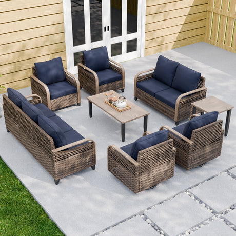 Modern Wicker Outdoor Patio Furniture Set, 2 Patio Chairs, 2 Swivel Rocker Chairs, 3 - Seat Sofa, Loveseat, Coffee Table and Side Table, 8 Pieces, Brown/Gray - Eagle Peak Custom Canopy Tent