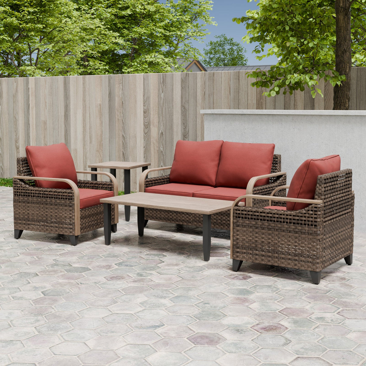Modern Wicker Outdoor Patio Furniture Set,2 Patio Chairs, 2 - Seat Loveseat, Coffee Table and Side Table, 5 Pieces, Brown/Gray - Eagle Peak Custom Canopy Tent
