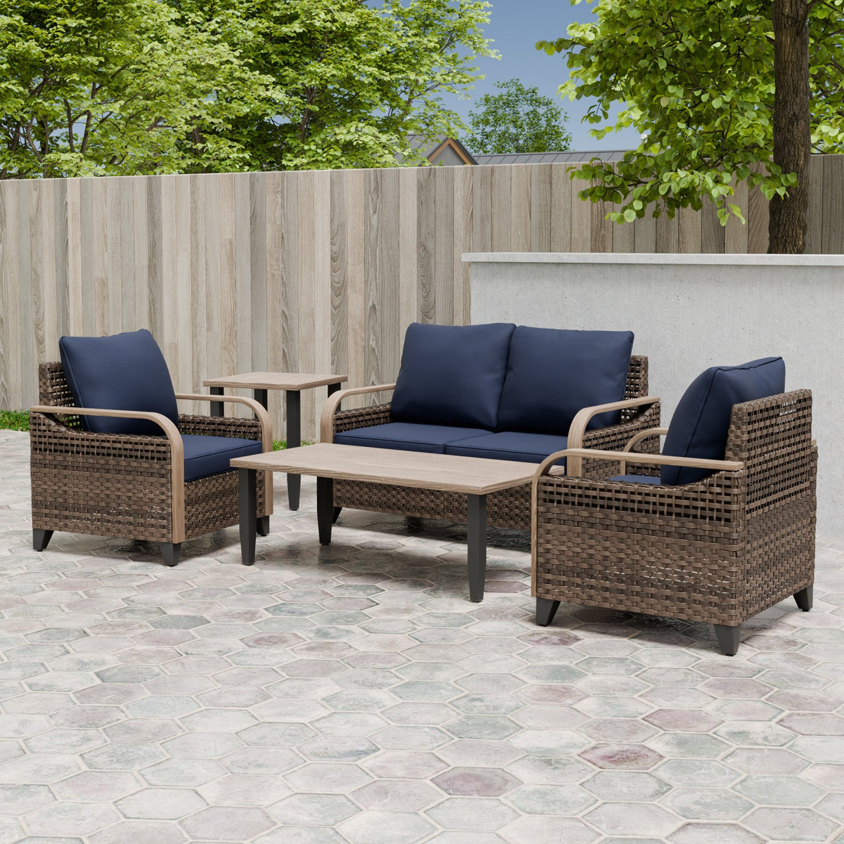 Modern Wicker Outdoor Patio Furniture Set,2 Patio Chairs, 2 - Seat Loveseat, Coffee Table and Side Table, 5 Pieces, Brown/Gray - Eagle Peak Custom Canopy Tent
