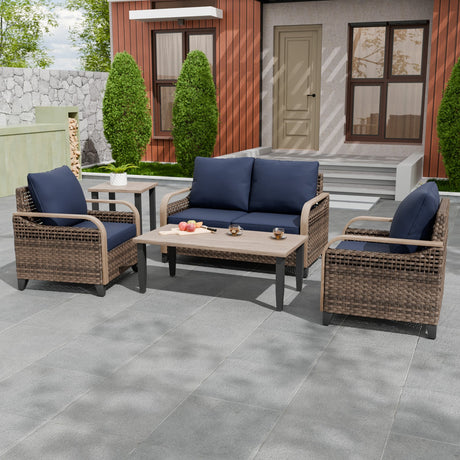 Modern Wicker Outdoor Patio Furniture Set,2 Patio Chairs, 2 - Seat Loveseat, Coffee Table and Side Table, 5 Pieces, Brown/Gray - Eagle Peak Custom Canopy Tent