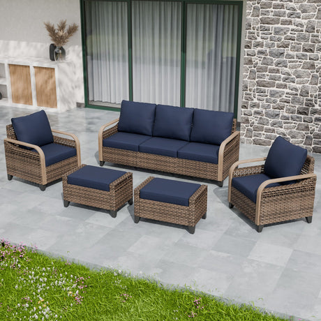 Modern Wicker Outdoor Patio Furniture Set,2 Patio Chairs, 3 - Seat Loveseat and 2 Ottomans, 5 Pieces, Brown/Gray - Eagle Peak Custom Canopy Tent