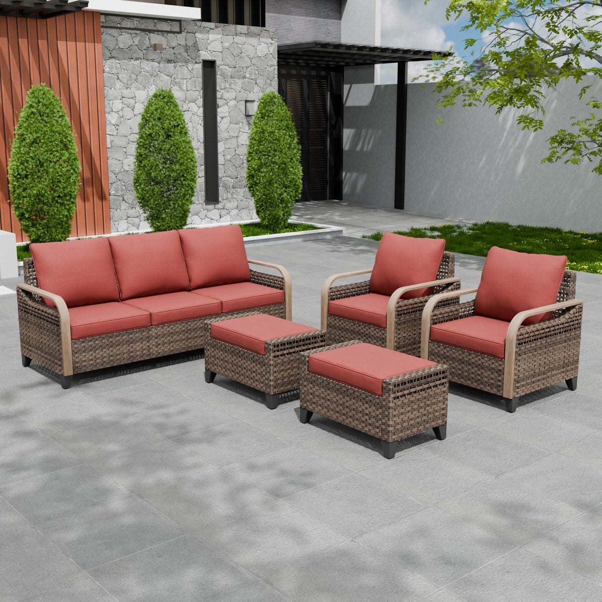 Modern Wicker Outdoor Patio Furniture Set,2 Patio Chairs, 3 - Seat Loveseat and 2 Ottomans, 5 Pieces, Brown/Gray - Eagle Peak Custom Canopy Tent