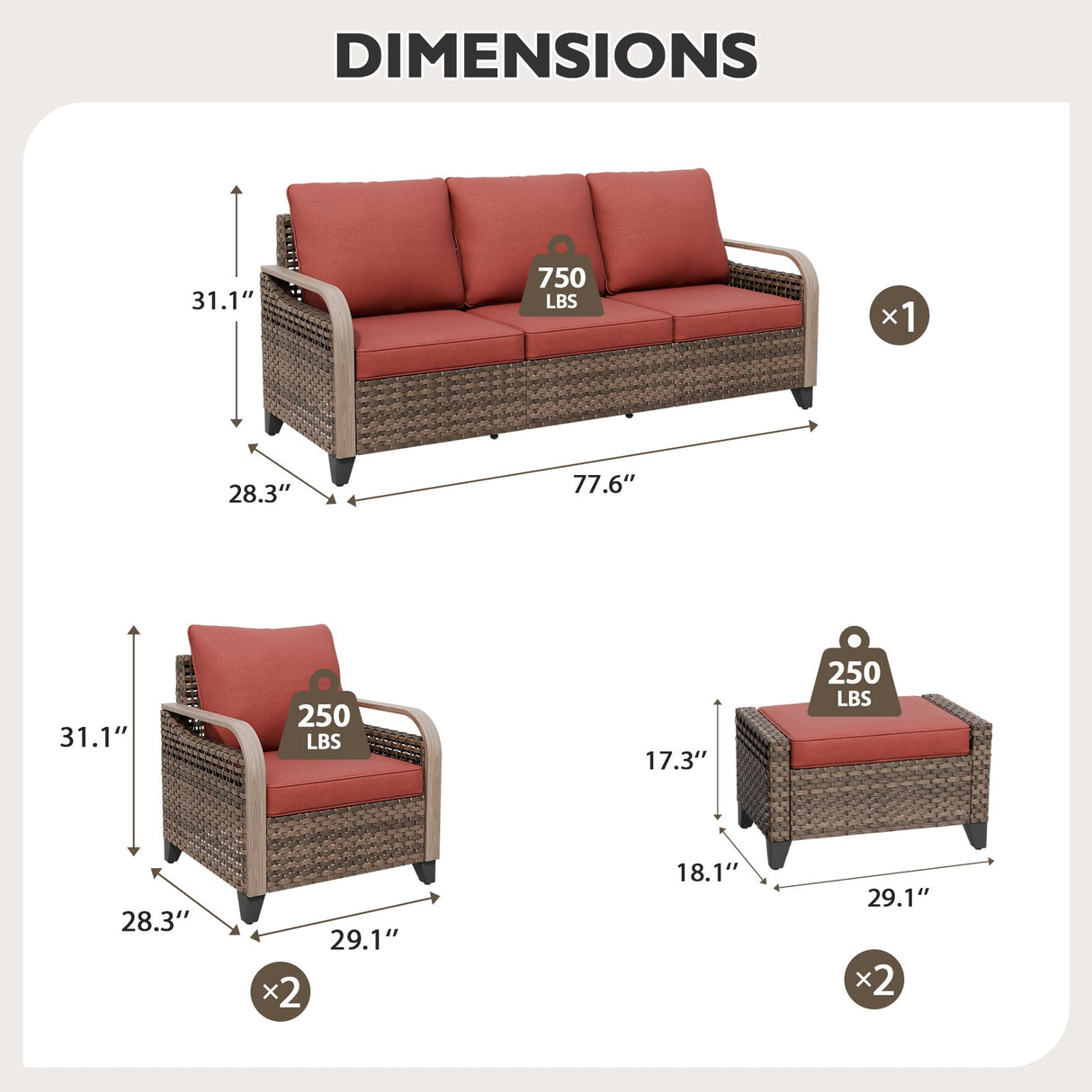 Modern Wicker Outdoor Patio Furniture Set,2 Patio Chairs, 3 - Seat Loveseat and 2 Ottomans, 5 Pieces, Brown/Gray - Eagle Peak Custom Canopy Tent