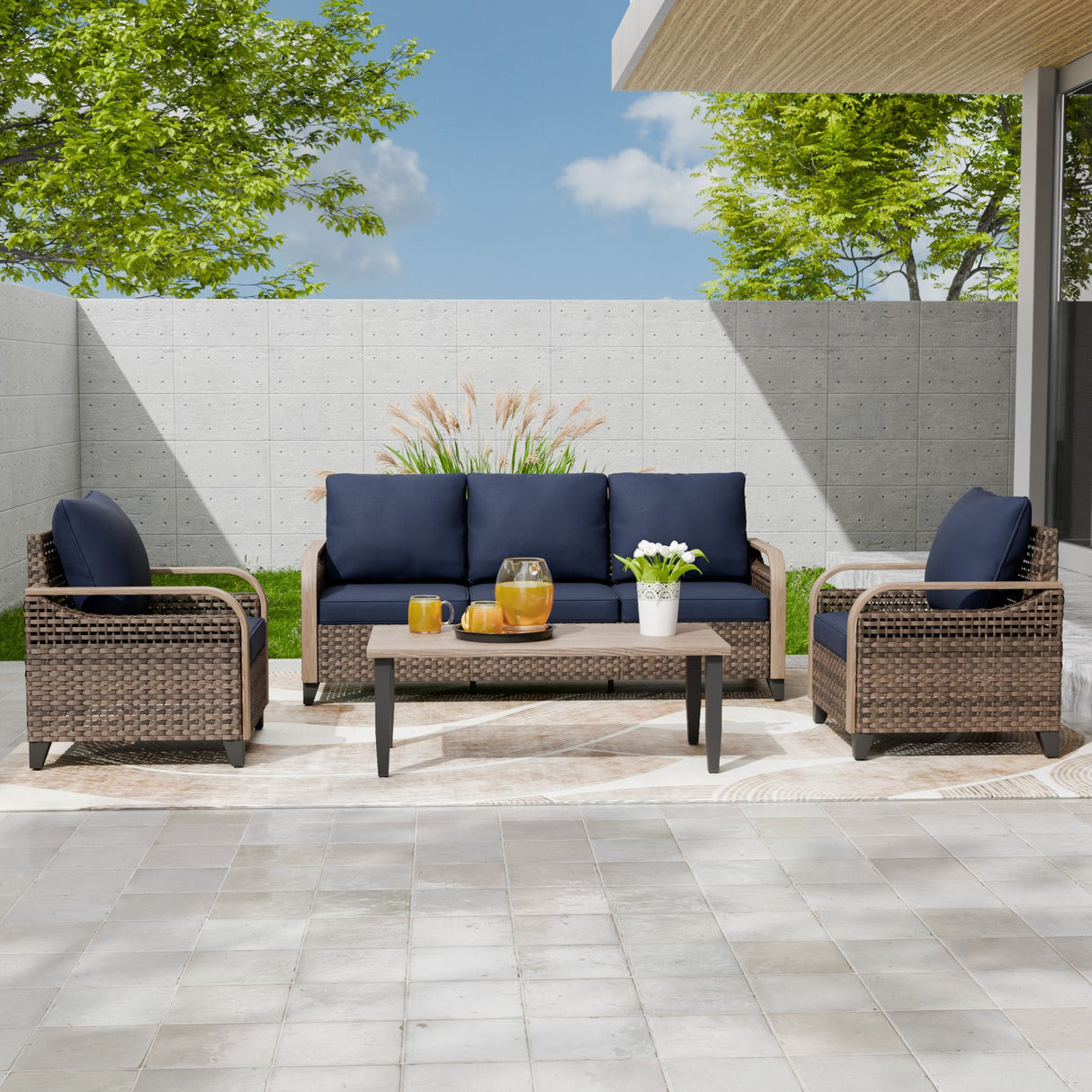 Modern Wicker Outdoor Patio Furniture Set,2 Patio Chairs, 3 - Seat Loveseat and Coffee Table, 4 Pieces, Brown/Gray - Eagle Peak Custom Canopy Tent