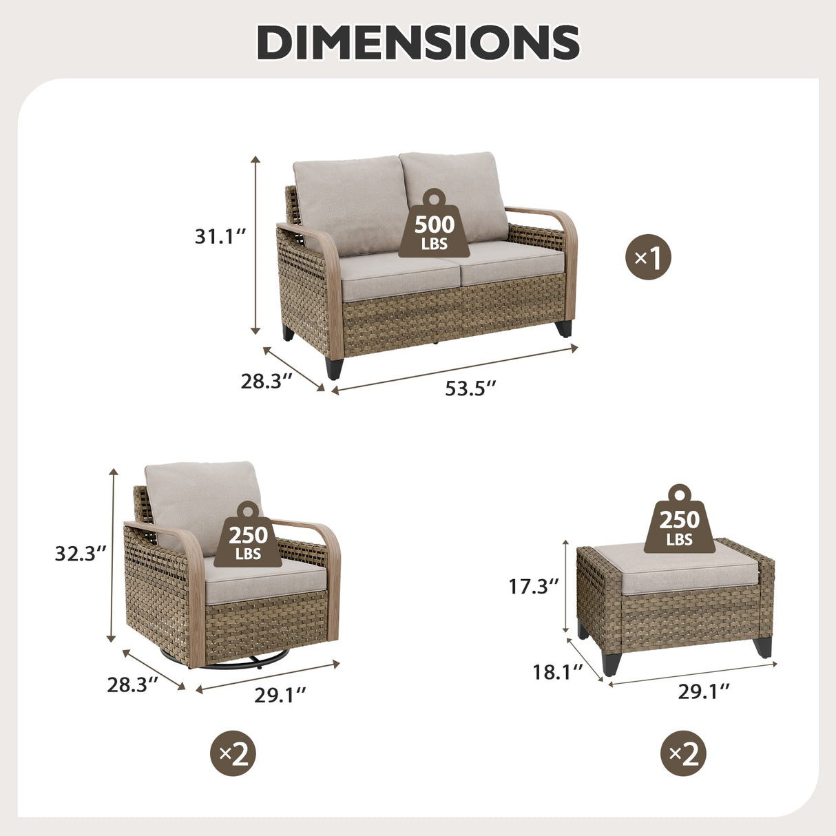 Modern Wicker Outdoor Patio Furniture Set,2 Swivel Rocking Chairs, 2 - Seat Loveseat and 2 Ottomans, 5 Pieces, Brown/Gray - Eagle Peak Custom Canopy Tent