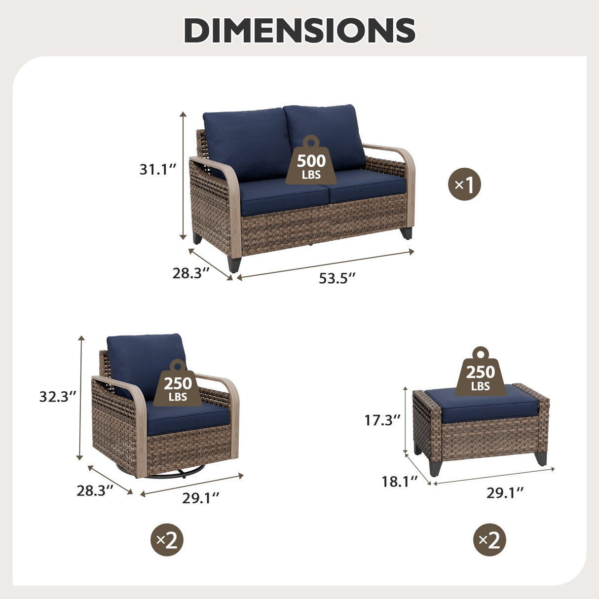 Modern Wicker Outdoor Patio Furniture Set,2 Swivel Rocking Chairs, 2 - Seat Loveseat and 2 Ottomans, 5 Pieces, Brown/Gray - Eagle Peak Custom Canopy Tent