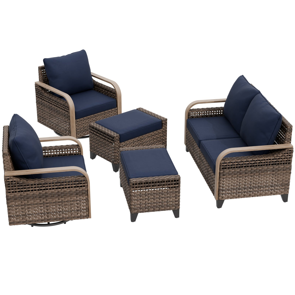 Modern Wicker Outdoor Patio Furniture Set,2 Swivel Rocking Chairs, 2 - Seat Loveseat and 2 Ottomans, 5 Pieces, Brown/Gray - Eagle Peak Custom Canopy Tent