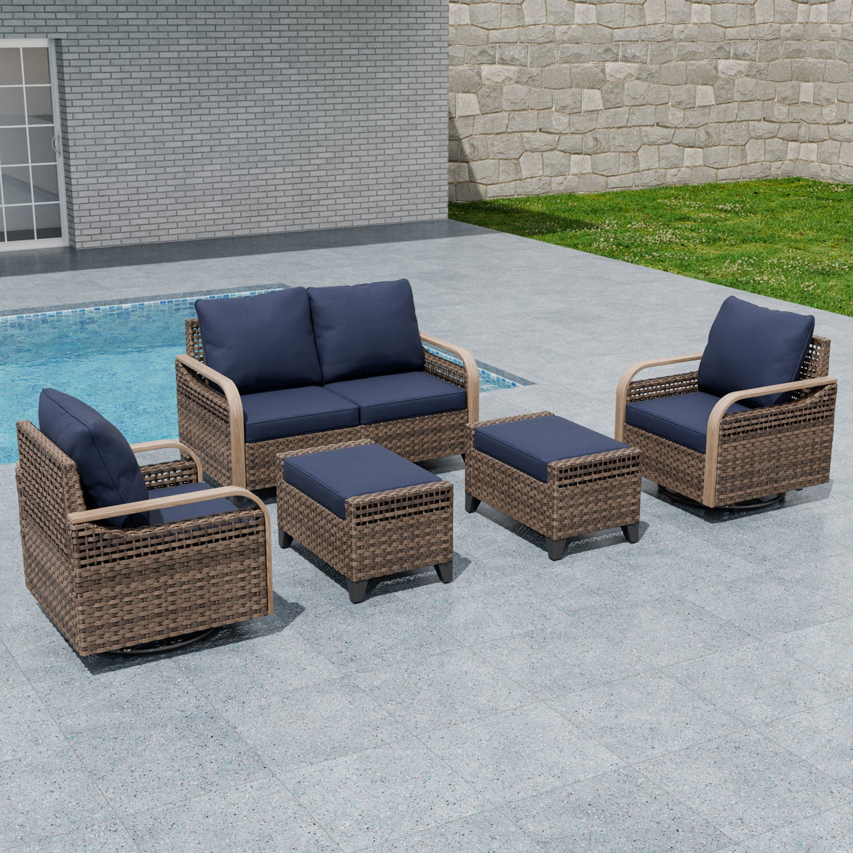 Modern Wicker Outdoor Patio Furniture Set,2 Swivel Rocking Chairs, 2 - Seat Loveseat and 2 Ottomans, 5 Pieces, Brown/Gray - Eagle Peak Custom Canopy Tent